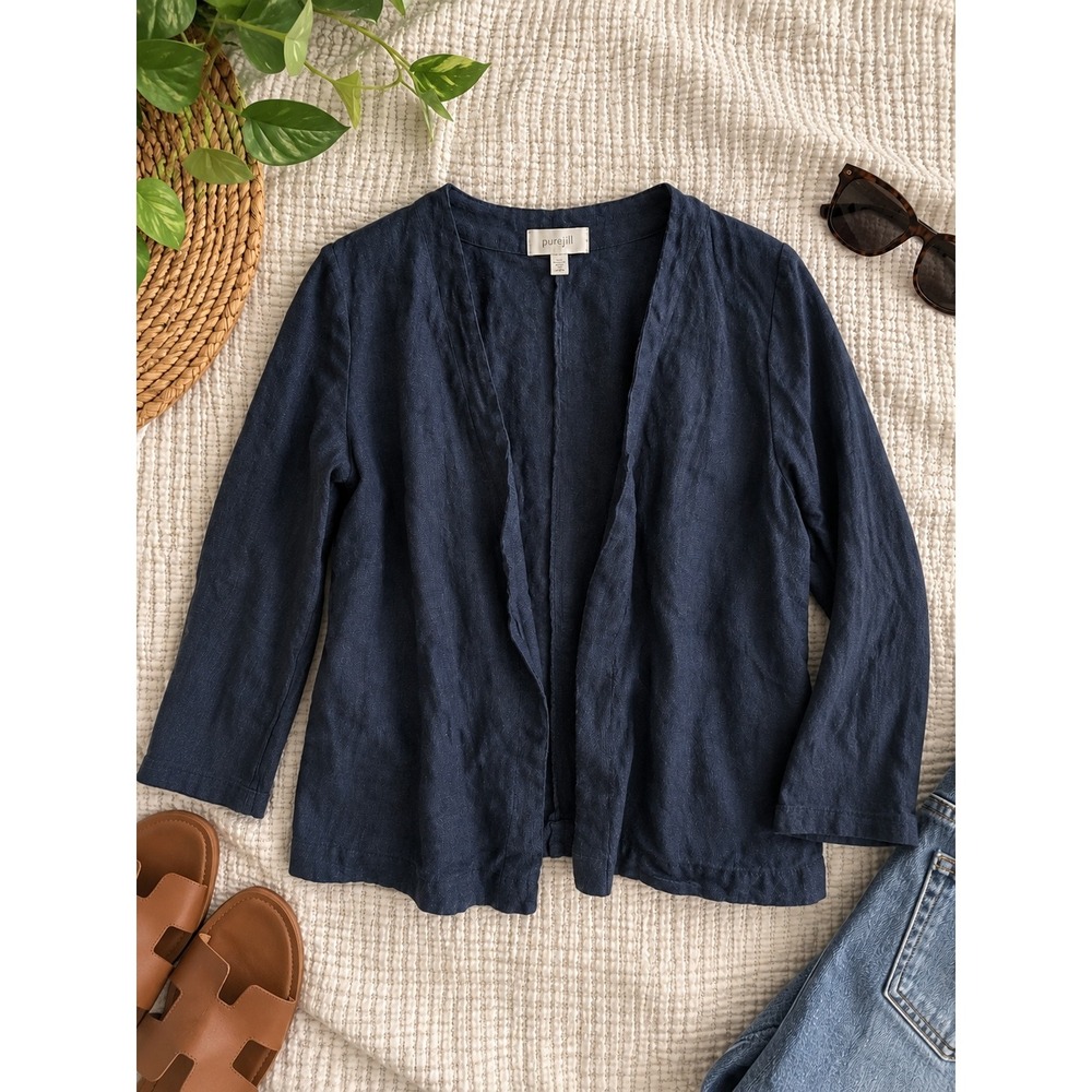 Pure Jill J. Jill Navy Blue Linen Open Front Jacket Petite Medium PM